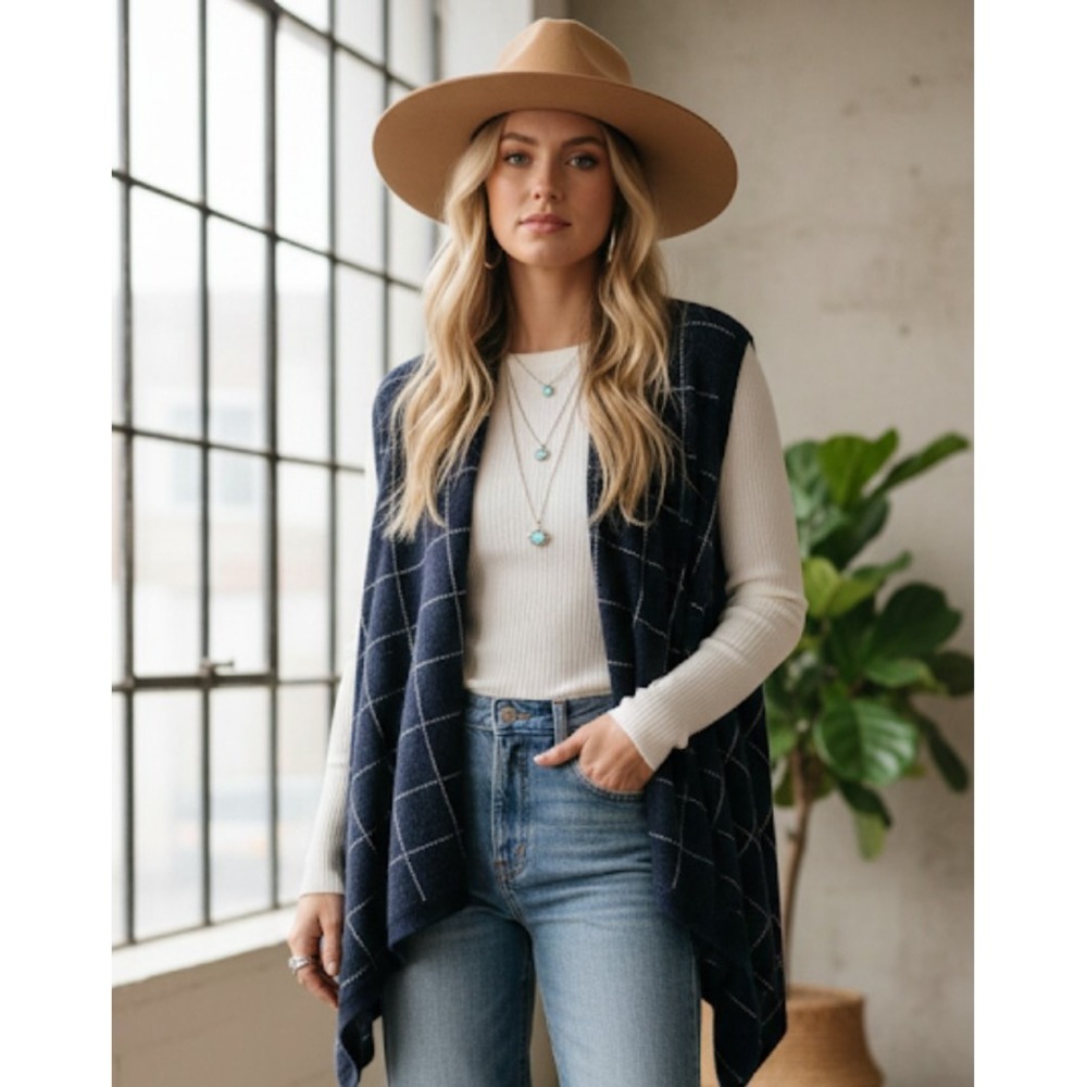 Madewell Drape Front Merino Wool Sweater Vest Cardigan One Size Blue Plaid 347